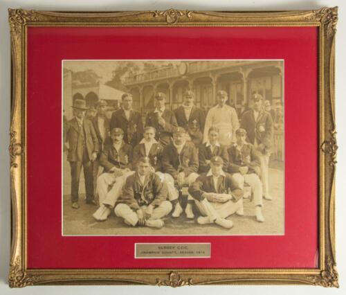 Surrey C.C.C. &lsquo;County Champions&rsquo; 1914. Large sepia photograph of the team, standing and seated in rows, the majority wearing Surrey blazers and caps. Players featured include Tom Hayward (Cpt), Hobbs, Sandham, Ducat, Fender, Hayes, Hitch, Abel, &lsquo;Razor&rsquo; Sm