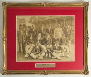Surrey C.C.C. &lsquo;County Champions&rsquo; 1914. Large sepia photograph of the team, standing and seated in rows, the majority wearing Surrey blazers and caps. Players featured include Tom Hayward (Cpt), Hobbs, Sandham, Ducat, Fender, Hayes, Hitch, Abel, &lsquo;Razor&rsquo; Sm