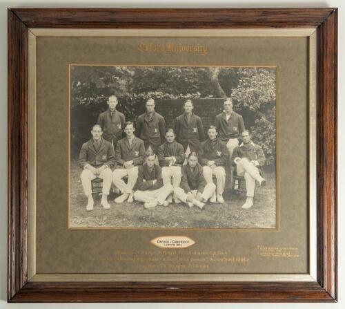 Oxford University 1914. Excellent original mono photograph of the Oxford team, standing and seated in rows wearing University C.C. blazers. This was the team that played Cambridge at Lord&rsquo;s in July 1914. Players featured include F.H. Knott (Cpt), D.J. Kni