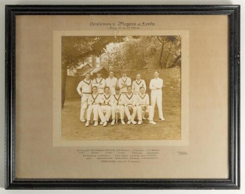 &lsquo;Gentlemen XI 1934. Large official photograph of the Gentlemen team that played the Players at Lords in July 1934. The team photographed wearing cricket attire, some with caps. Players include Wyatt (cpt), Levett, Holmes, Melville, Baxter, Valentine, Walt