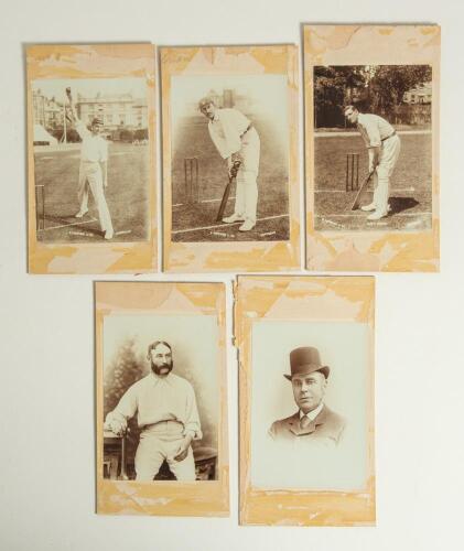 Test and County cricketers c.1880s-1890s. Five excellent early original sepia photographs of individual players of the period. Three are by E. Hawkins & Co., Brighton, C.L. Townsend (Gloucestershire & England 1893-1922) in bowling pose, L.C.H. Palairet (O