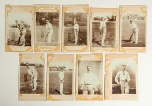 Yorkshire C.C.C. c.1880s-1890s. Nine excellent early original sepia photographs of individual Yorkshire players of the period. Four are by E. Hawkins & Co., Brighton, Lord Hawke, George Hirst, both in batting pose at the wicket, Schofield Haigh, Wilfred R
