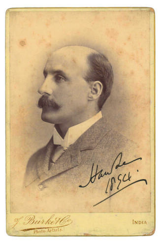 Lord Martin Bladen Hawke. Yorkshire & England 1881-1911. Splendid sepia cabinet card photograph of Hawke, head and shoulders, wearing suit, shirt and tie. Nicely signed in black ink by Hawke, towards the lower right hand corner of the image, and dated &lsquo;18