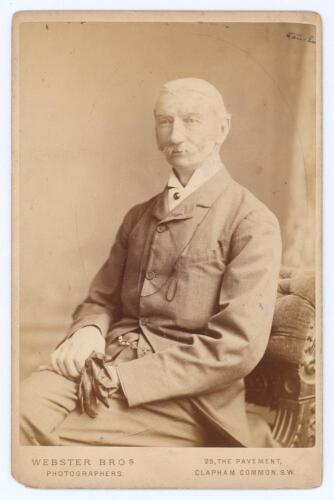 Percy Melville Thornton. Cambridge & Middlesex. Original sepia cabinet card photograph of Thornton in later life as MP for Clapham. Photograph by Webster Bros of Clapham. Card measures approx 4.25&rdquo;x6.5&rdquo;. Minor marks, rounding to one card corner otherwise 