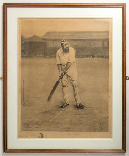 &lsquo;W.G. Grace at the Wicket&rsquo;. Original sepia photogravure, after Archibald Stuart Wortley 1890, of the famous painting of Grace in batting pose at Lord&rsquo;s, which hangs in the Long Room at Lord&rsquo;s. Published by Manson, Swan and Morgan, Newcastle upon Tyne, 1st