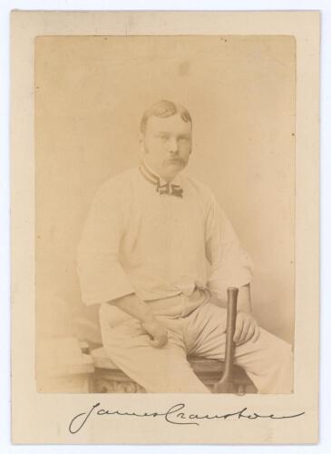 James Cranston. Gloucestershire 1976-1899. Excellent mono studio photograph of Cranston, sat wearing cricket attire with bat to side, the photograph laid down to card. Nicely signed in ink to lower border of the card by Cranston. 5&rdquo;x7&rdquo;. Some slight fading