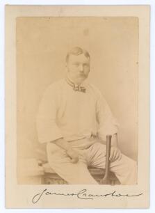 James Cranston. Gloucestershire 1976-1899. Excellent mono studio photograph of Cranston, sat wearing cricket attire with bat to side, the photograph laid down to card. Nicely signed in ink to lower border of the card by Cranston. 5&rdquo;x7&rdquo;. Some slight fading