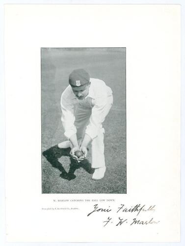 Frank William Marlow. Sussex 1891-1904. Signed full page mono illustration plate of Marlow in fielding pose, &lsquo;F.W. Marlow catching the ball low down&rsquo; taken from The Jubilee Book of Cricket by K.S. Ranjitsinhji 1897. Nicely signed &lsquo;Yours Faithfully&rsquo; in bla
