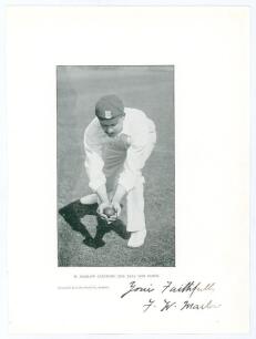 Frank William Marlow. Sussex 1891-1904. Signed full page mono illustration plate of Marlow in fielding pose, &lsquo;F.W. Marlow catching the ball low down&rsquo; taken from The Jubilee Book of Cricket by K.S. Ranjitsinhji 1897. Nicely signed &lsquo;Yours Faithfully&rsquo; in bla