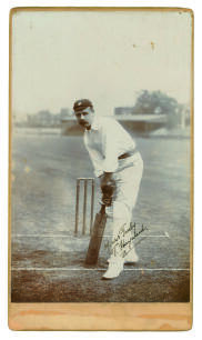 Thomas Walter &lsquo;Tom&rsquo; Hayward. Surrey & England 1893-1914. Excellent extra large &lsquo;Imperial&rsquo; size cabinet sepia card photograph of Hayward standing, full length, in batting pose at the wicket wearing Surrey county cap. Very nicely signed in black ink to the 