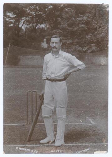 Ernest George Hayes. Surrey, Leicestershire & England 1896-1926. Early original mono photograph of Hayes standing full length at the wicket in batting attire, leaning on his bat. Photograph by E. Hawkins & Co., Brighton. 4&rdquo;x5.75&rdquo;. Wear to corners, small a