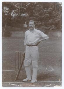 Ernest George Hayes. Surrey, Leicestershire & England 1896-1926. Early original mono photograph of Hayes standing full length at the wicket in batting attire, leaning on his bat. Photograph by E. Hawkins & Co., Brighton. 4&rdquo;x5.75&rdquo;. Wear to corners, small a