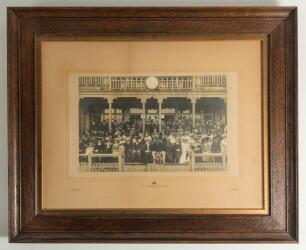 W.G. Grace at the cricket early 1900s. Large early original sepia photograph of a large group of cricketers, friends, ladies, gentlemen and dignitaries seated and standing in rows in and in front of the Crystal Palace cricket pavilion in the early 1900s. 