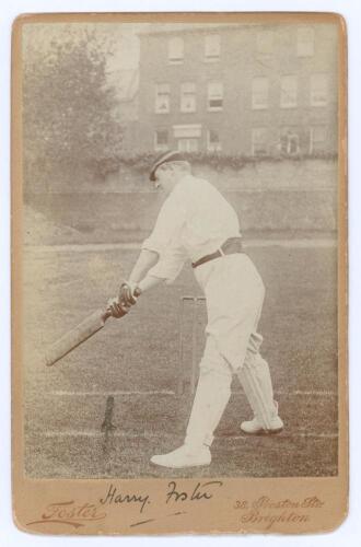 Henry Knollys &lsquo;Harry&rsquo; Foster. Oxford University & Worcestershire 1894-1925. Original mono cabinet card photograph of Foster in batting pose wearing cap. Signed to lower border by Foster. The card by Foster of Brighton. Some wear to edges, some surface wea