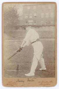 Henry Knollys &lsquo;Harry&rsquo; Foster. Oxford University & Worcestershire 1894-1925. Original mono cabinet card photograph of Foster in batting pose wearing cap. Signed to lower border by Foster. The card by Foster of Brighton. Some wear to edges, some surface wea