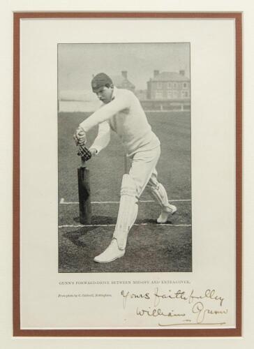 William Gunn. Nottinghamshire & England 1880-1904. Mono bookplate photograph of Gunn in batting pose playing the &lsquo;Forward Drive&rsquo;, nicely signed to lower border &lsquo;Yours Faithfully&rsquo; by Gunn. The bookplate taken from the &lsquo;Jubilee Book of Cricket&rsquo;, Ranjitsinhj