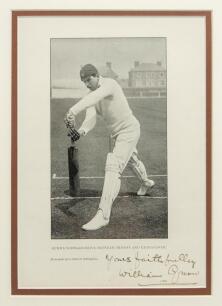 William Gunn. Nottinghamshire & England 1880-1904. Mono bookplate photograph of Gunn in batting pose playing the &lsquo;Forward Drive&rsquo;, nicely signed to lower border &lsquo;Yours Faithfully&rsquo; by Gunn. The bookplate taken from the &lsquo;Jubilee Book of Cricket&rsquo;, Ranjitsinhj