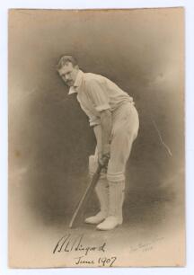 Bertram Lewis Bisgood. Somerset 1907-1921. Original sepia studio photograph of Bisgood, in batting pose, wearing cricket attire. Signed to lower border in ink by Bisgood and dated June 1907. The card by Jas Bacon and Sons of Leeds 1907. 5&rdquo;x7.5&rdquo;. The photo