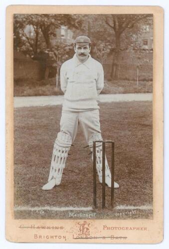 Gregor MacGregor. Cambridge University, Middlesex & England 1888-1907. Original sepia cabinet card photograph of MacGregor standing full length wearing wicket-keeping attire at the wicket and wearing Middlesex cap. E. Hawkins & Co. of Brighton. Card measu