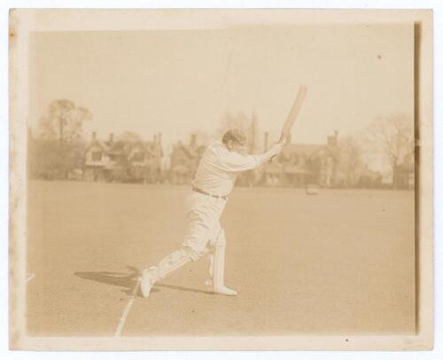 W.G. Grace. George Beldam, pioneer of action photography, the first action photographer of sport in Britain, specialising in cricket and golf. Very rare original sepia photograph of Grace playing an on-drive, being one of nine action photographs of Willia