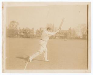 W.G. Grace. George Beldam, pioneer of action photography, the first action photographer of sport in Britain, specialising in cricket and golf. Very rare original sepia photograph of Grace playing an on-drive, being one of nine action photographs of Willia
