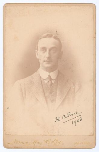 Robert Bagehot Porch. Somerset 1895-1910. Original sepia cabinet card photograph of Porch, wearing suit and tie. Signed to lower border in ink by Porch and dated 1908. The card by Norman May & Co Ltd of Malvern. Some fading to image, the signature strong.