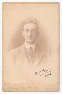Robert Bagehot Porch. Somerset 1895-1910. Original sepia cabinet card photograph of Porch, wearing suit and tie. Signed to lower border in ink by Porch and dated 1908. The card by Norman May & Co Ltd of Malvern. Some fading to image, the signature strong.