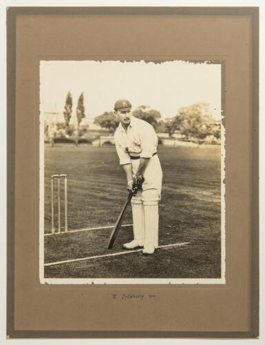 John Tyldesley. Lancashire & England 1895-1923. Excellent original mono photograph of Tyldesley in batting pose standing at the crease wearing a Lancashire cap. Photograph laid down to original photographer&rsquo;s mount with handwritten title to lower border &lsquo;