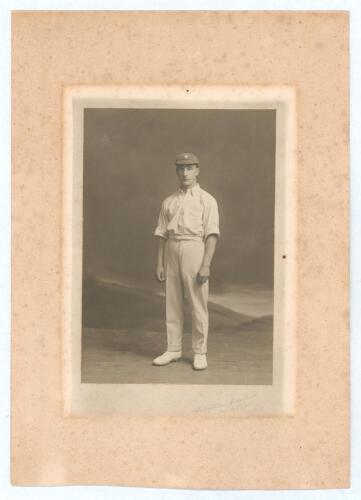 Alfred Percy Freeman. Kent & England 1914-1936. Excellent studio portrait photograph of Freeman, full length, wearing cricket attire and Kent cap. The photograph, by Hedgeland of Maidstone, measures overall &pound;7&rdquo;x10&rdquo;. Good condition