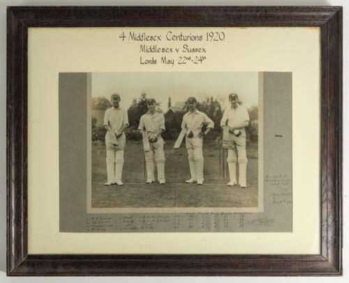 Four Middlesex Centurions 1920&rsquo;. Excellent and attractive original mono photograph of the four Midddlesex batsman who scored a century v Sussex at Lord&rsquo;s in the first innings of the match played 22nd-24th May 1920. Midddlesex scored 543-4 declared with P