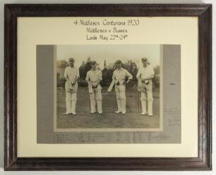 Four Middlesex Centurions 1920&rsquo;. Excellent and attractive original mono photograph of the four Midddlesex batsman who scored a century v Sussex at Lord&rsquo;s in the first innings of the match played 22nd-24th May 1920. Midddlesex scored 543-4 declared with P