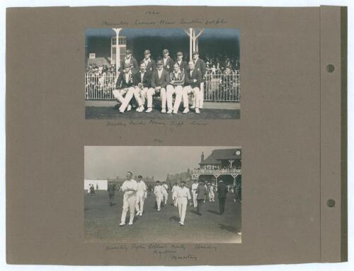 Scarborough 1921 & 1922, Middlesex v Essex 1910. Three original mono photographs laid to an album page. To one side is a photograph of the M.C.C. touring team to South Africa 1922 seated and standing in rows in front of the pavilion. Players are Mann (Cap