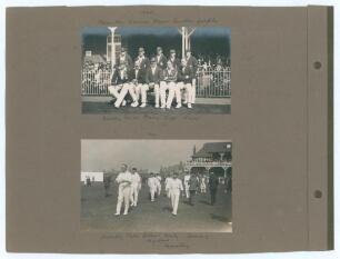 Scarborough 1921 & 1922, Middlesex v Essex 1910. Three original mono photographs laid to an album page. To one side is a photograph of the M.C.C. touring team to South Africa 1922 seated and standing in rows in front of the pavilion. Players are Mann (Cap