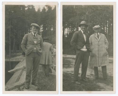 M.C.C. tour to Australia 1924/25. Two original candid style mono photographs, both taken while on tour on an excursion to a woodland lake. One depicts Roy Kilner standing full length wearing a cap, the other similar with A.E.R. Gilligan and Maurice Tate. 