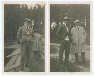 M.C.C. tour to Australia 1924/25. Two original candid style mono photographs, both taken while on tour on an excursion to a woodland lake. One depicts Roy Kilner standing full length wearing a cap, the other similar with A.E.R. Gilligan and Maurice Tate. 