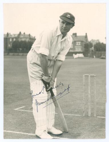 James Langridge. Sussex, Auckland & England 1924-1953. Good mono photograph of Langridge, full length, in batting pose at the wicket wearing Sussex cap, nicely signed in ink by Langridge &lsquo;Yours Sincerely&rsquo;. The photograph, by John Whewell of Hove, measures