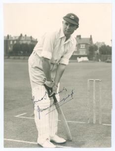James Langridge. Sussex, Auckland & England 1924-1953. Good mono photograph of Langridge, full length, in batting pose at the wicket wearing Sussex cap, nicely signed in ink by Langridge &lsquo;Yours Sincerely&rsquo;. The photograph, by John Whewell of Hove, measures