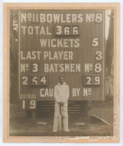 Kumar Shri Duleepsinhji. Sussex, Cambridge University, Hindus & England 1924-1932. Large original sepia photograph of Duleepsinhji standing in front of the scoreboard having scored 254no in Cambridge University&rsquo;s second innings total of 366/5 declared in 