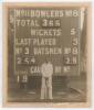 Kumar Shri Duleepsinhji. Sussex, Cambridge University, Hindus & England 1924-1932. Large original sepia photograph of Duleepsinhji standing in front of the scoreboard having scored 254no in Cambridge University&rsquo;s second innings total of 366/5 declared in 