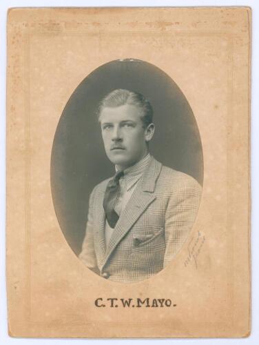 Charles Thomas Worsfold Mayo. Somerset 1928. Original mono studio oval photograph of Mayo, wearing suit and tie. His name &lsquo;C.T.O. Mayo&rsquo; handwritten boldly to lower border of the photographers mount. Overall 5.5&rdquo;x7.5&rdquo; Some general wear, some age toning to 