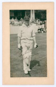 Joseph Harold Anthony Hulme. Middlesex 1929-1939. Original mono press photograph of Hulme, full length walking out to bat wearing Middlesex cap. Nicely signed in ink with dedication by Hulme &lsquo;To Bill&rsquo;. The photograph laid down to card measures overall 6&rdquo;x
