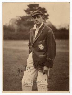 Walter Reginald Hammond. Gloucestershire & England 1920-1951. Original mono photograph of Hammond, c.1930, standing three quarter length wearing batting attire, M.C.C. tour blazer, and cap. Very nicely signed in ink to the photograph &lsquo;W.R. Hammond&rsquo;. The p