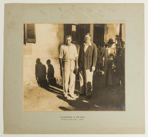 Percy Chapman and Hubert &lsquo;Nummy&rsquo; Deane. M.C.C. tour to South Africa 1930/31. Large original sepia photograph taken at the drawn second Test played at Newlands, Cape Town, 1st- 5th January 1931 of Percy Chapman and &lsquo;Nummy&rsquo; Deane, respective captains of M.C