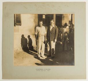 Percy Chapman and Hubert &lsquo;Nummy&rsquo; Deane. M.C.C. tour to South Africa 1930/31. Large original sepia photograph taken at the drawn second Test played at Newlands, Cape Town, 1st- 5th January 1931 of Percy Chapman and &lsquo;Nummy&rsquo; Deane, respective captains of M.C