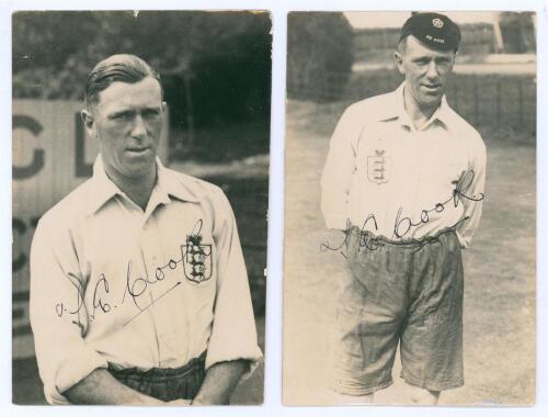 Thomas Edwin Reed &lsquo;Tommy&rsquo; Cook. Sussex 1922-1937. Two original mono photographs of Cook, one, half length, wearing England international football shirt and the other, three quarter length, wearing England shirt, shorts and his international cap. Both sign