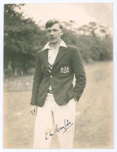 Lionel Montague Cranfield. Gloucestershire 1934-1951. Excellent mono photograph of Cranfield, wearing Gloucestershire blazer and cricket attire. Nicely signed in ink by Cranfield. The photograph by H.K. Fox of Gloucester. 6&rdquo;x8&rdquo;. Good/very good condition