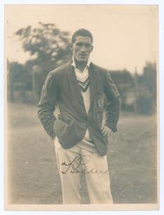 Thomas William John Goddard. Gloucestershire & England 1922-1952. Excellent mono photograph of Goddard, wearing Gloucestershire blazer and cricket attire. Nicely signed in ink by Goddard. The photograph by H.K. Fox of Gloucester. 6&rdquo;x8&rdquo;. Very minor silveri