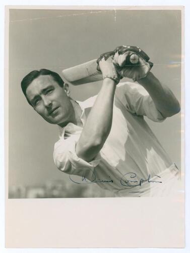 Denis Charles Scott Compton. Middlesex & England 1936-1958. Original mono photograph of Compton, half length in classic &lsquo;Brylcreem&rsquo; batting pose. Nicely signed in ink by Compton. 6.25&rdquo;x8.5&rdquo;. Some creasing, otherwise a good image in good condition