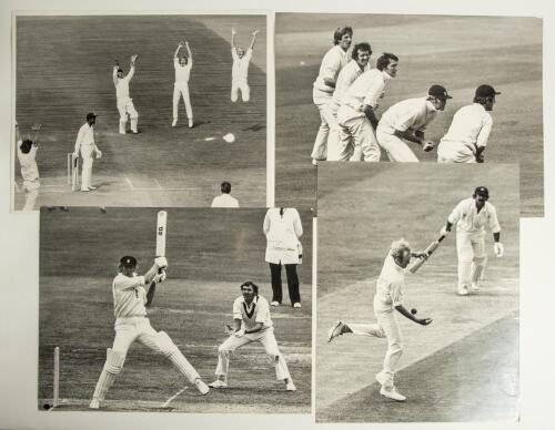 Tony Greig 1970s. Four large exhibition style mono photographs of Greig in Test match action against Australia and West Indies. Subjects are Greig juggling a caught and bowled chance off the batting of Rod Marsh, playing a full-blooded square-cut shot, st