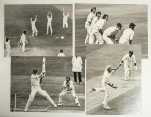 Tony Greig 1970s. Four large exhibition style mono photographs of Greig in Test match action against Australia and West Indies. Subjects are Greig juggling a caught and bowled chance off the batting of Rod Marsh, playing a full-blooded square-cut shot, st